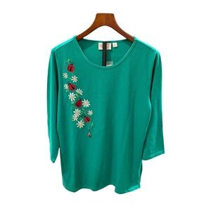 NWT Quacker Factory 3/4 Sleeve
Embroidered Shirt Green Fun Lady Bug Dangle sz L